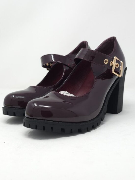 Forever Link Shoes - Burgundy Patent Faux Leather Mary Jane Platform Chunky Heel Lug Sole Trendy